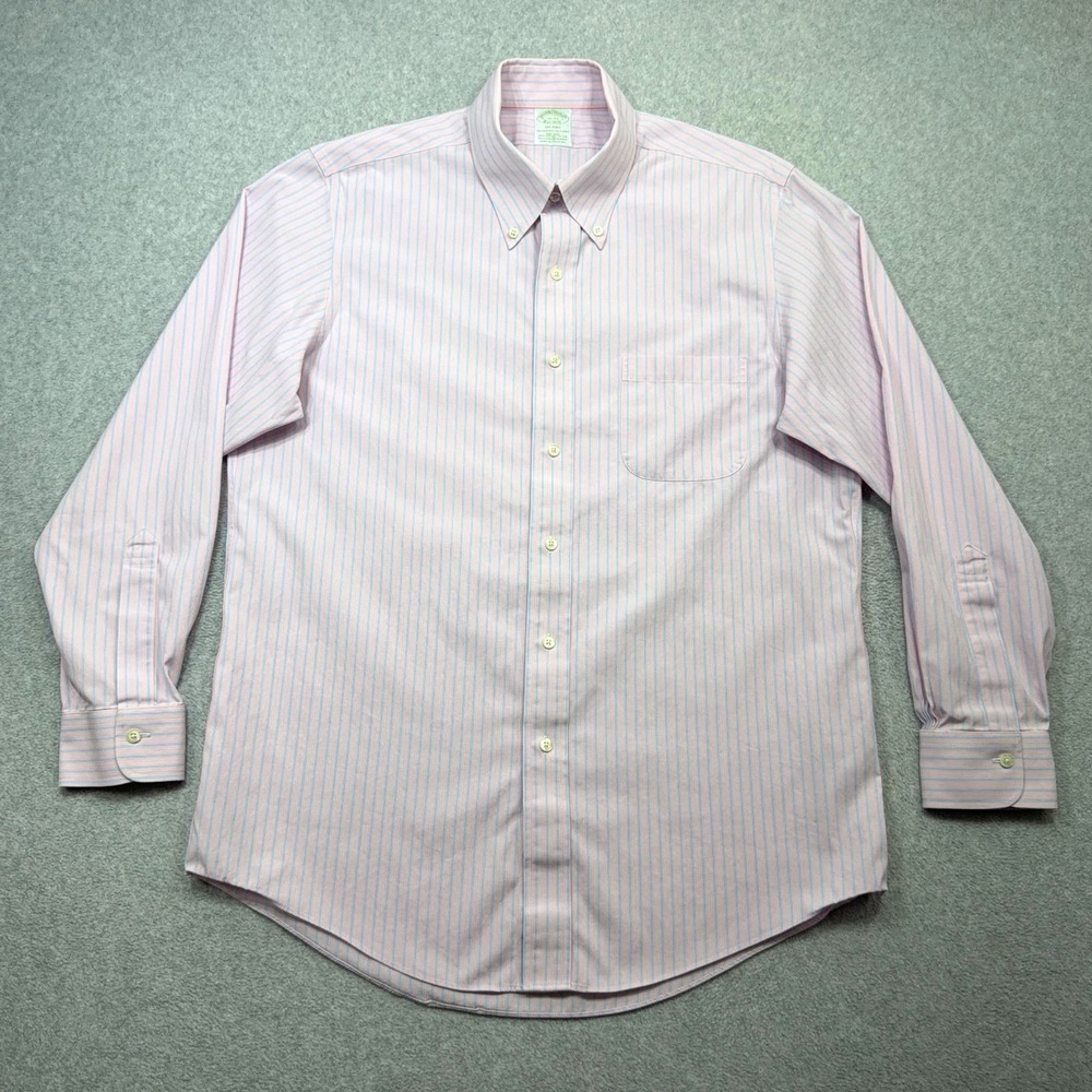 Brooks Brothers Milano Shirt Men 16 32/33 Pink Blue Stripe Slim Non Iron Stretch